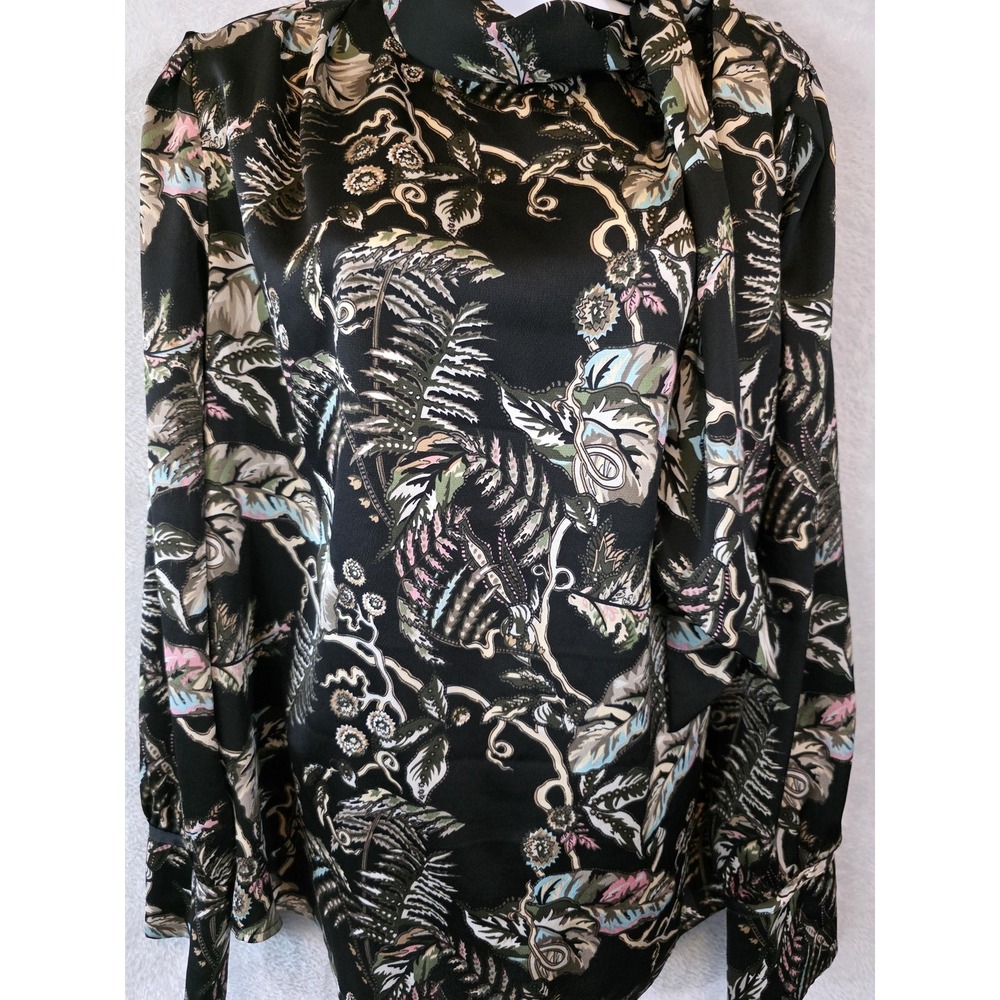 EUC Banana Republic Blouse Women Large Black Floral Tie Neck Office Contemporary - Picture 3 of 13